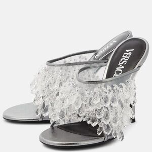 VERSACE crystal fringe mule sandals silver stiletto heels